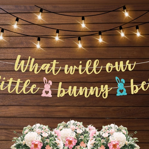 "A Little Bunny Is On The Way" Baby Shower Banner | Gold Glitter Spring Easter Bunny Party Decor