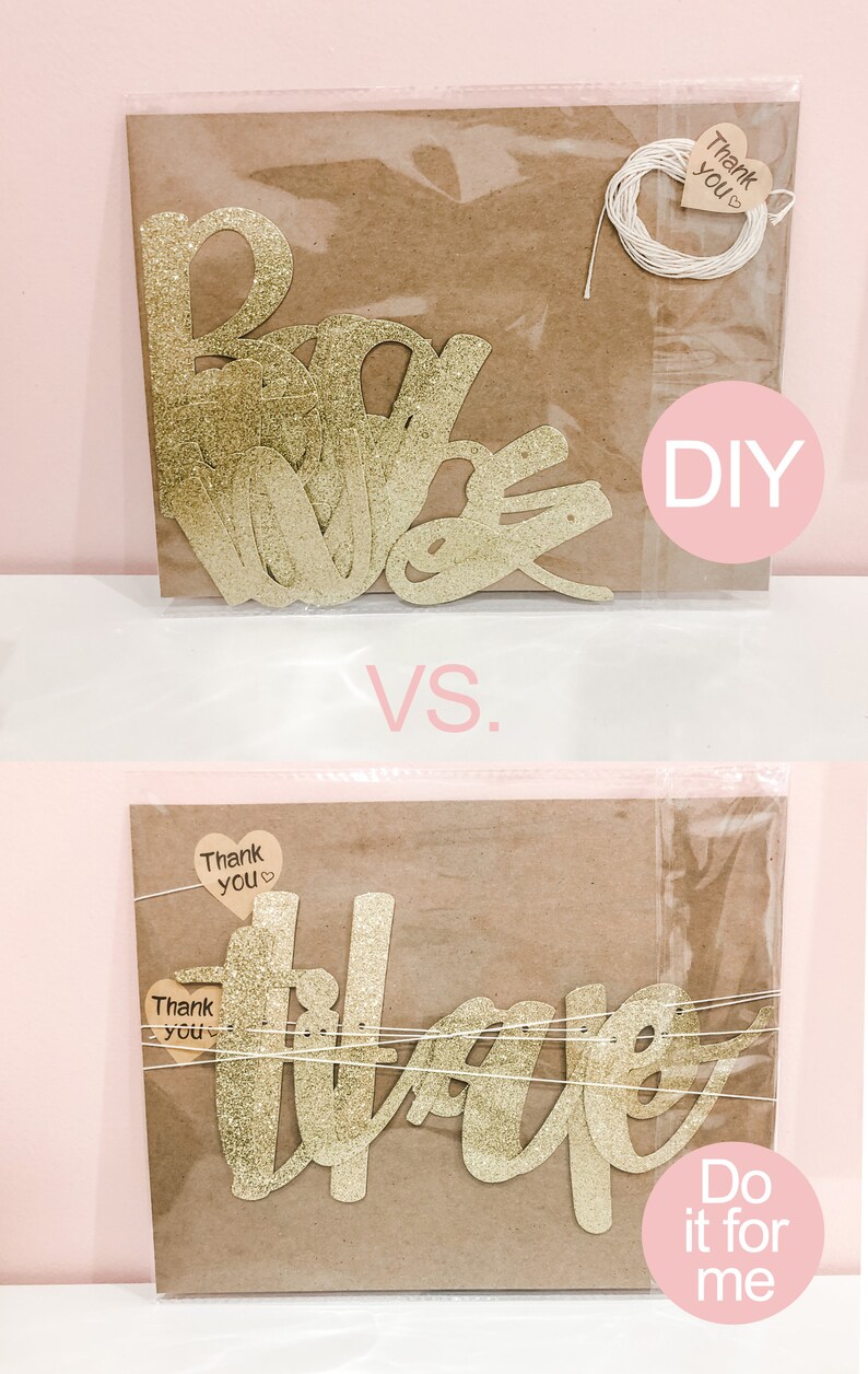 May include: Two images showing a gold glitter "Thank You" banner. The top image shows the banner in a brown paper bag with a white string and a small brown tag that says "Thank You". The bottom image shows the banner in a brown paper bag with two brown tags that say "Thank You". The top image has a pink circle with the text "DIY" and the bottom image has a pink circle with the text "Do it for me".