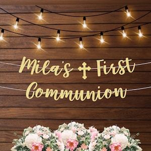 Personalized first Holy Communion banner, first communion banner, first communion decorations, god bless banner, gold communion decor