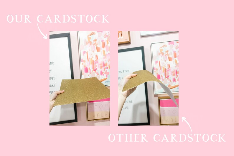 May include: Two pieces of gold glitter cardstock. One piece is flat and the other is bent to show its flexibility. The cardstock is being held by a person's hand in front of a wall with framed artwork.
