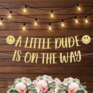 A little dude is on the way banner, retro themed baby shower, little dude baby shower party decorations, 60s or 70s themed baby shower