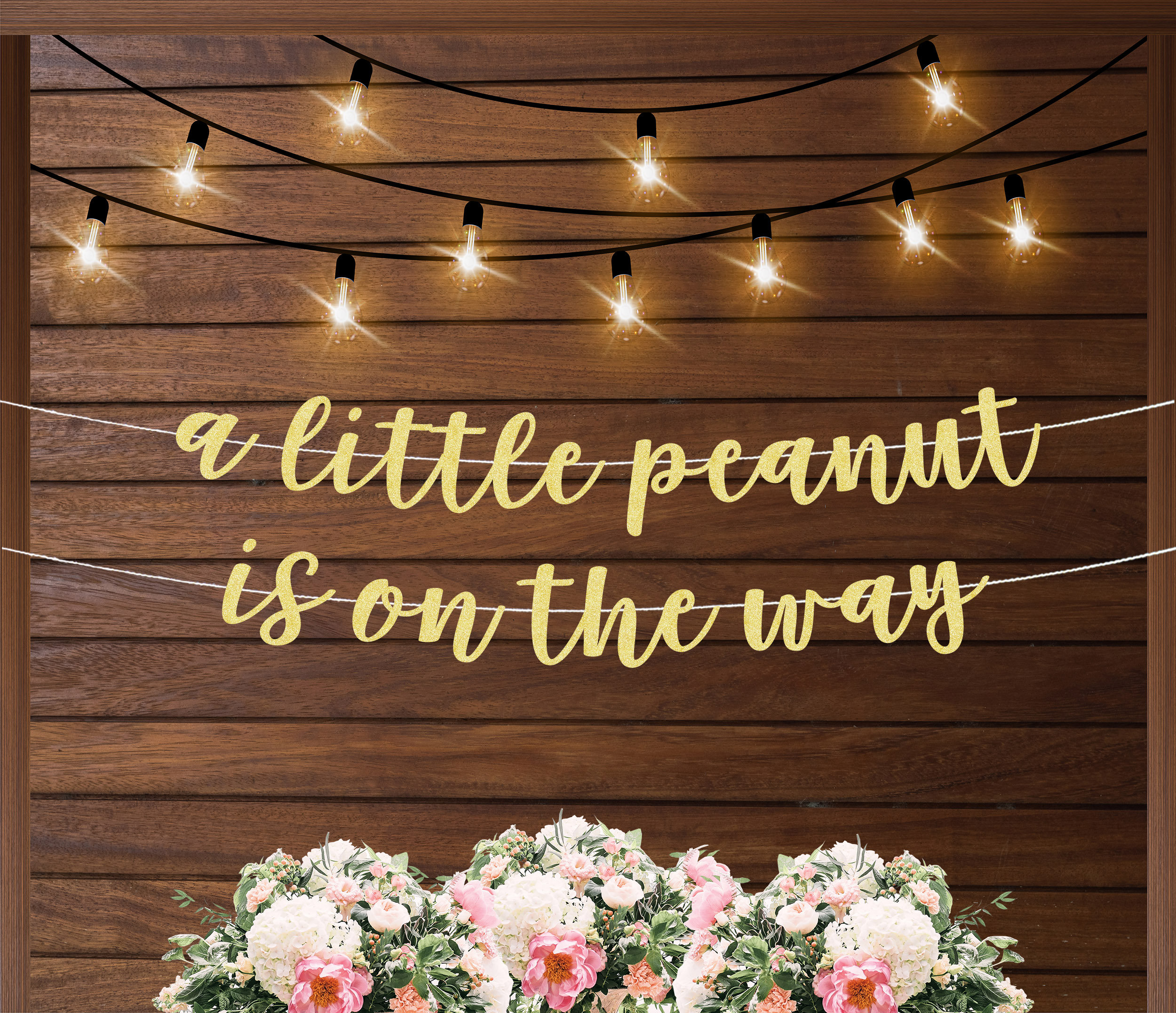 „A Little Peanut Is On The Way“ Glitzer-Banner – Elefanten-Design Für Babyparty & Gender Reveal (gold)