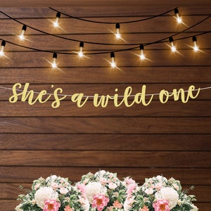 She&#39;s a wild one first birthday banner for baby girl, wild one birthday theme decorations, first birthday decorations for girl, gold banner