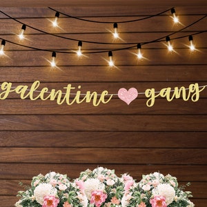May include: Gold glitter banner with the text "galentine gang" and a pink glitter heart. The banner is hanging on a wood wall with string lights.