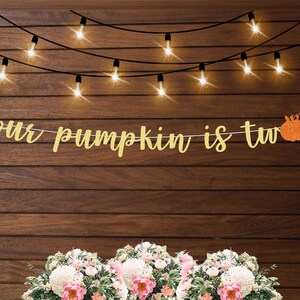 May include: Gold glitter banner with the text "our pumpkin is two" and a small orange glitter pumpkin. The banner is hanging on a wood wall with string lights.