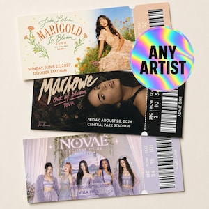 Könnte beinhalten: Drei rechteckige Konzerttickets mit Barcodes. Das obere Ticket zeigt Jade Leilani, Marigold In Bloom Tour, 27. Juni 2027. Das mittlere Ticket zeigt Marlowe, Out of Bloom Tour, 28. August 2026. Das untere Ticket zeigt Novae, Eclipse of Us, 16. Juli 2027.