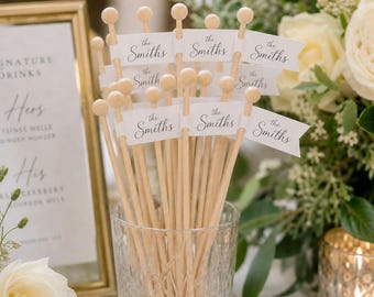 Personalized wedding drink stirrers, vintage pennant flag drink stirrers, place card, birthday party or graduation party drink stirrer