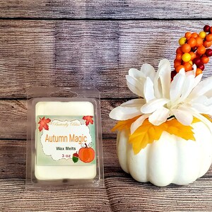 May include: A 3 ounce wax melt in a clear plastic container with a label that says "Butterfly Bliss" and "Autumn Magic" with a small pumpkin graphic.