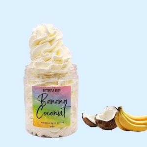 Sheabutter aufgeschlagen | Bananen-Kokos gepeitschte Körperbutter | natürliche Lotion | Bananen-Kokos Körperbutter | Körperbutter | Bananen-Kokos-Lotion