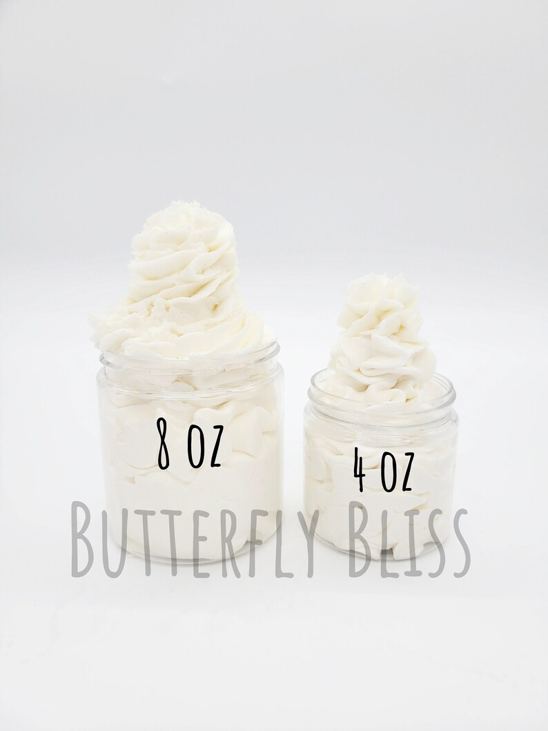 May include: Two jars of white body butter, one labeled "8 oz Butterfly Bliss" and the other labeled "4 oz Butterfly Bliss".