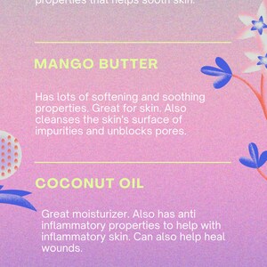 May include: A pink and blue graphic with the text "Benefits of Body Butters" at the top. The graphic lists the benefits of shea butter, mango butter, coconut oil, almond oil, and arrowroot powder.