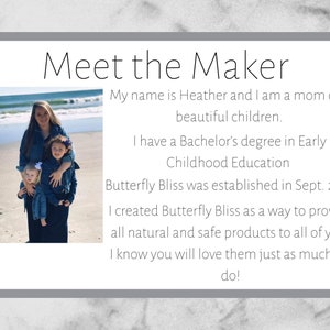 May include: A woman with two young children on a beach. The text reads "Meet the Maker" and includes information about the maker's background and the creation of Butterfly Bliss.