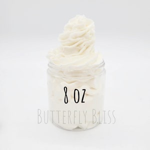 May include: A white whipped body butter in a clear glass jar with a white label that says "8 oz Butterfly Bliss".