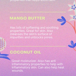 May include: A pink and blue graphic with the text "Benefits of Body Butters" at the top. The graphic lists the benefits of shea butter, mango butter, coconut oil, almond oil, and arrowroot powder.