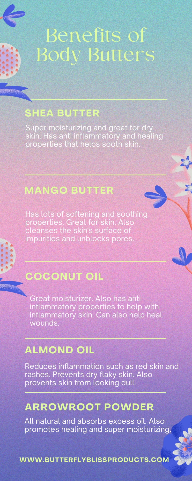 May include: A pink and blue graphic with the text "Benefits of Body Butters" at the top. The graphic lists the benefits of shea butter, mango butter, coconut oil, almond oil, and arrowroot powder.