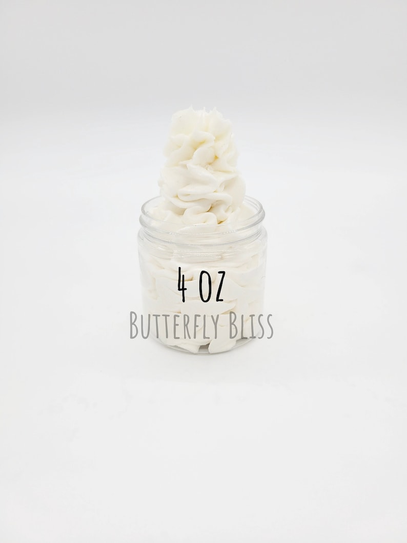 May include: A white jar of body butter with the text "4 oz BUTTERFLY BLISS" on the label.