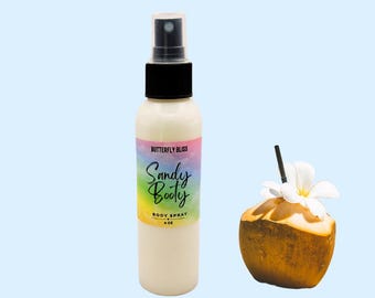 Spray corporal Sandy Booty / Spray corporal tropical dulce / Bruma de caramelo, jazmín y vainilla / Perfume de verano / Spray corporal y perfume con temática de verano