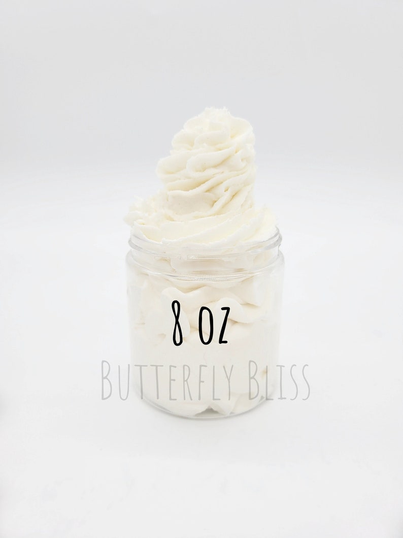 May include: A white whipped body butter in a clear glass jar with a white label that says "8 oz Butterfly Bliss".