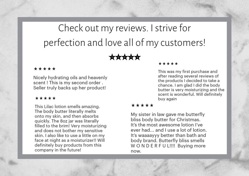May include: Five-star reviews for a body butter and lotion product. The reviews highlight the pleasant scent, moisturizing properties, and overall satisfaction with the products. The text includes the phrase "Seller truly backs up her product!" and "Will definitely buy again."