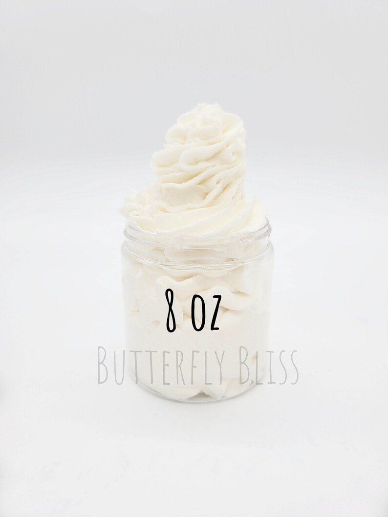 May include: A white whipped body butter in a clear glass jar with a white label that says "8 oz Butterfly Bliss".