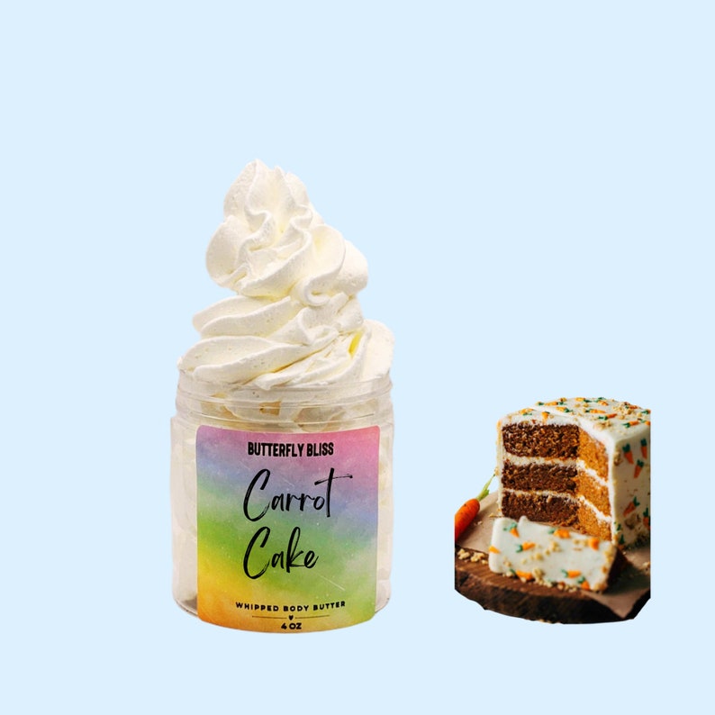 May include: A 4 oz jar of whipped body butter with a rainbow gradient label that says "Butterfly Bliss Carrot Cake Whipped Body Butter". The jar is filled with a white whipped cream and a slice of carrot cake is shown to the right.