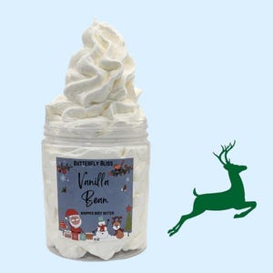 May include: A white whipped body butter in a clear jar with a festive label that reads "Butterfly Bliss Vanilla Bean Whipped Body Butter 8 oz".