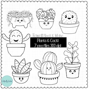 Kawaii planten en cactussen-zwarte omtrek clip art set van schattige cactussen, fiddle fig, monstera - Instant Download, PNG-bestanden met 300 dpi