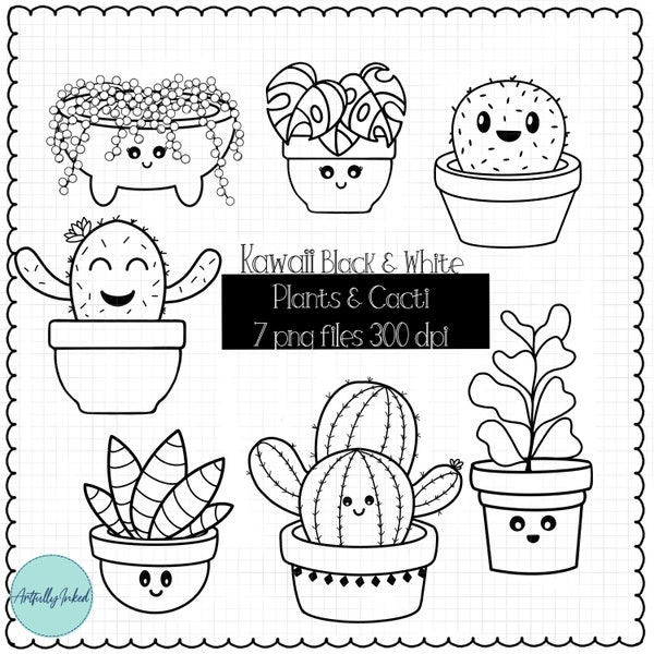 Kawaii Plants and Cacti- black outline clip art set of cute cacti, fiddle fig, monstera - Instant Download, PNG files at 300 dpi