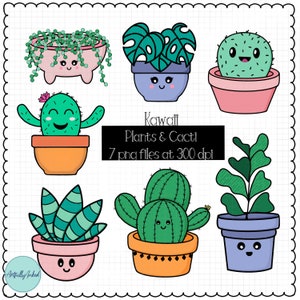Kawaii Plants and Cacti- colorido conjunto de imágenes prediseñadas de lindos cactus, higo violín, monstera - Descarga instantánea, archivos PNG a 300 ppp