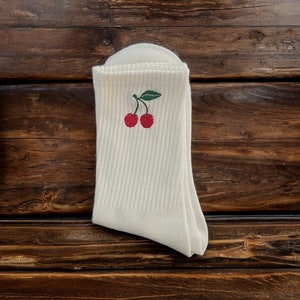 Cherry Embroidered Crew Socks for Women | Crew Socks | Cute Socks | Cherries | Embroidered Socks |  Fruit Socks