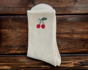 Cherry Embroidered Crew Socks for Women | Crew Socks | Cute Socks | Cherries | Embroidered Socks |  Fruit Socks