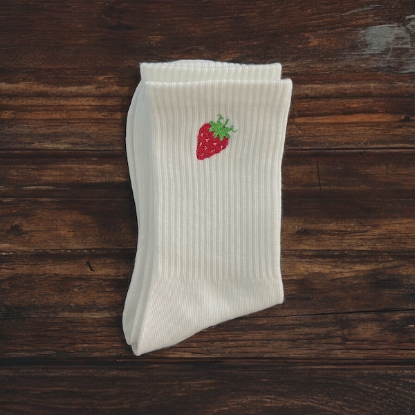 Strawberry Embroidered Crew Socks for Women | Crew Socks | Cute Socks | Strawberries | Embroidered Socks |  Fruit Socks