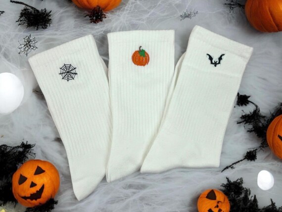 Halloween Embroidered Crew Socks for Women | Crew Socks | Cute Socks | Bat | Pumpkin | Spider Web | Embroidered Socks | Halloween Socks