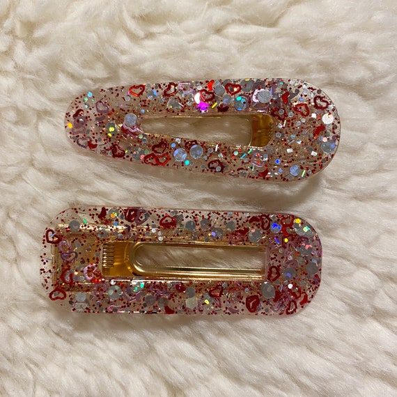 Handmade Clear Hair Clips with Red Holographic and Heart Etsy
