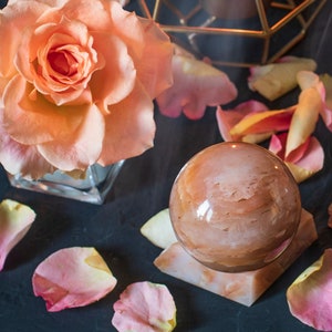 RARE Ukrainian Pink Quartz sphere on stone base, Unique &quot;Ruzhenin&quot; 413g, 63 mm Rare Peach tint of  Pink quartz Gemstone sphere ( Sholokhovo)