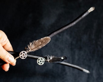 Rustic Quartz Crystal Wooden Wand with Feather & Pentagram