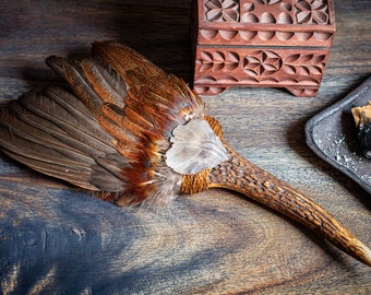 Shamanic Feather Fan. Bantam chicken wing, deer antler & smoky quartz, opal / Feather Fan for Smudging, Ceremony, Cleansing, Rituals