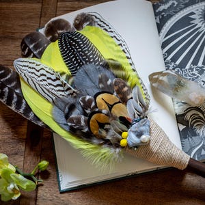 Smudge Feather Fan/Owl, goose, pheasant, turkey feathers & Chalcedon, pearls, quartz /Feather Fan for Smudging, Ceremony, Cleansing, Rituals