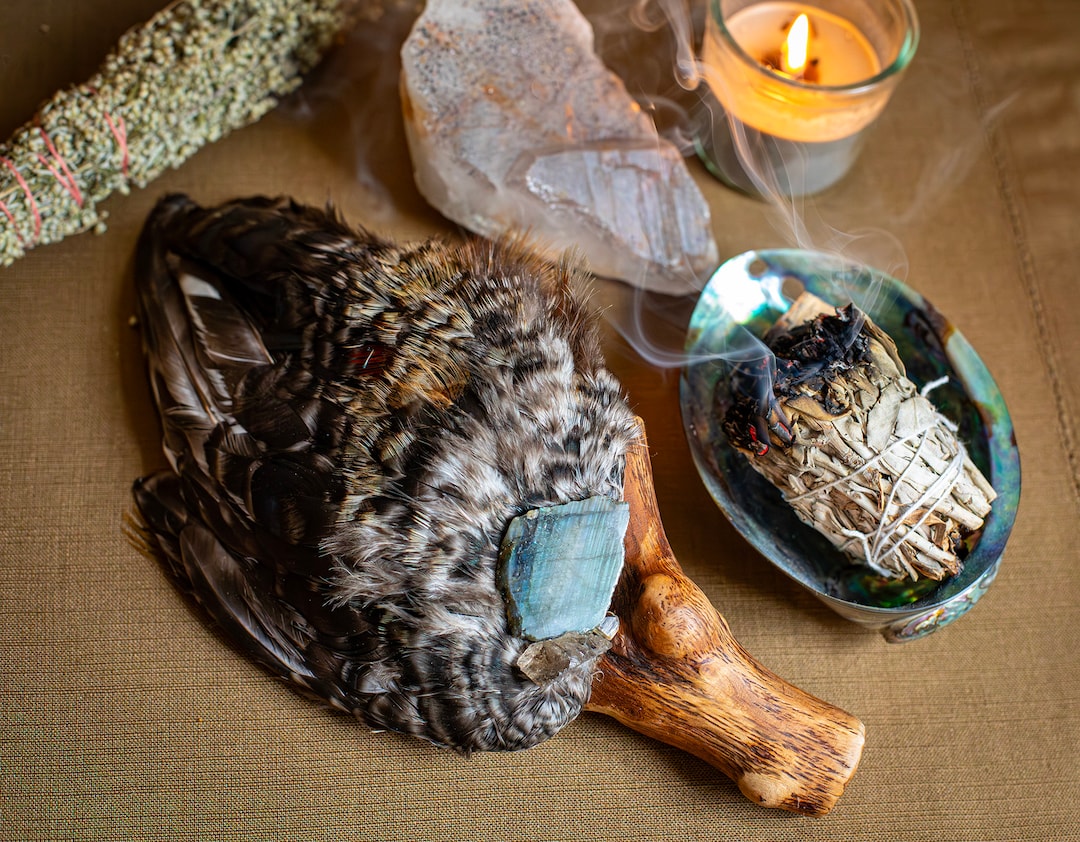 Shamanic Feather Fan. Chicken Wing, Wood & Smoky Quartz, Opal ...