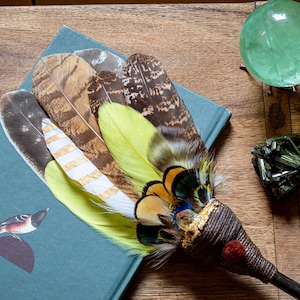 Yellow-brown Smudge Feather Fan/Owl, goose, pheasant, turkey feathers & quartz / Feather Fan for Smudging, Ceremony, Cleansing, Rituals