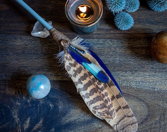 Smudge Feather Fan: Turkey, Hawk, Owl Feathers with Garden Quartz