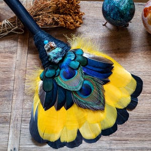 Yellow-blue Smudge Feather Fan/ Goose, pheasant, peacock feathers & emerald, garnet/ Feather Fan for Smudging, Ceremony, Cleansing, Rituals