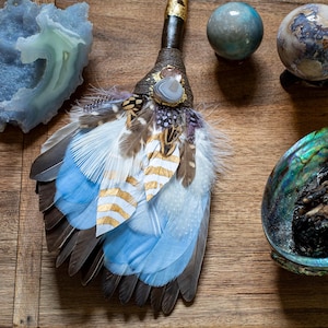 Blue Smudge Feather Fan/ Goose, pheasant, owl, peacock feathers & agate, quartz/ Feather Fan for Smudging, Ceremony, Cleansing, Rituals