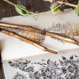 ONE Wooden Crystal wand with owl feather, Smoky Quartz, Rustic Magic Wand, Witches wand, tool for Wiccan&#39;s, Wizard, Wiccan wand, Pagan wand