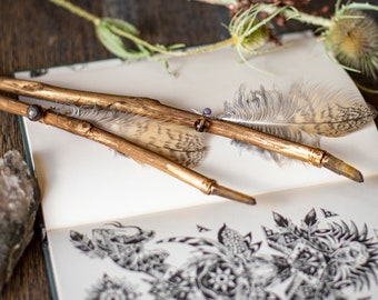 Smoky Quartz Crystal Wand: Rustic Wooden Owl Feather Magic Tool