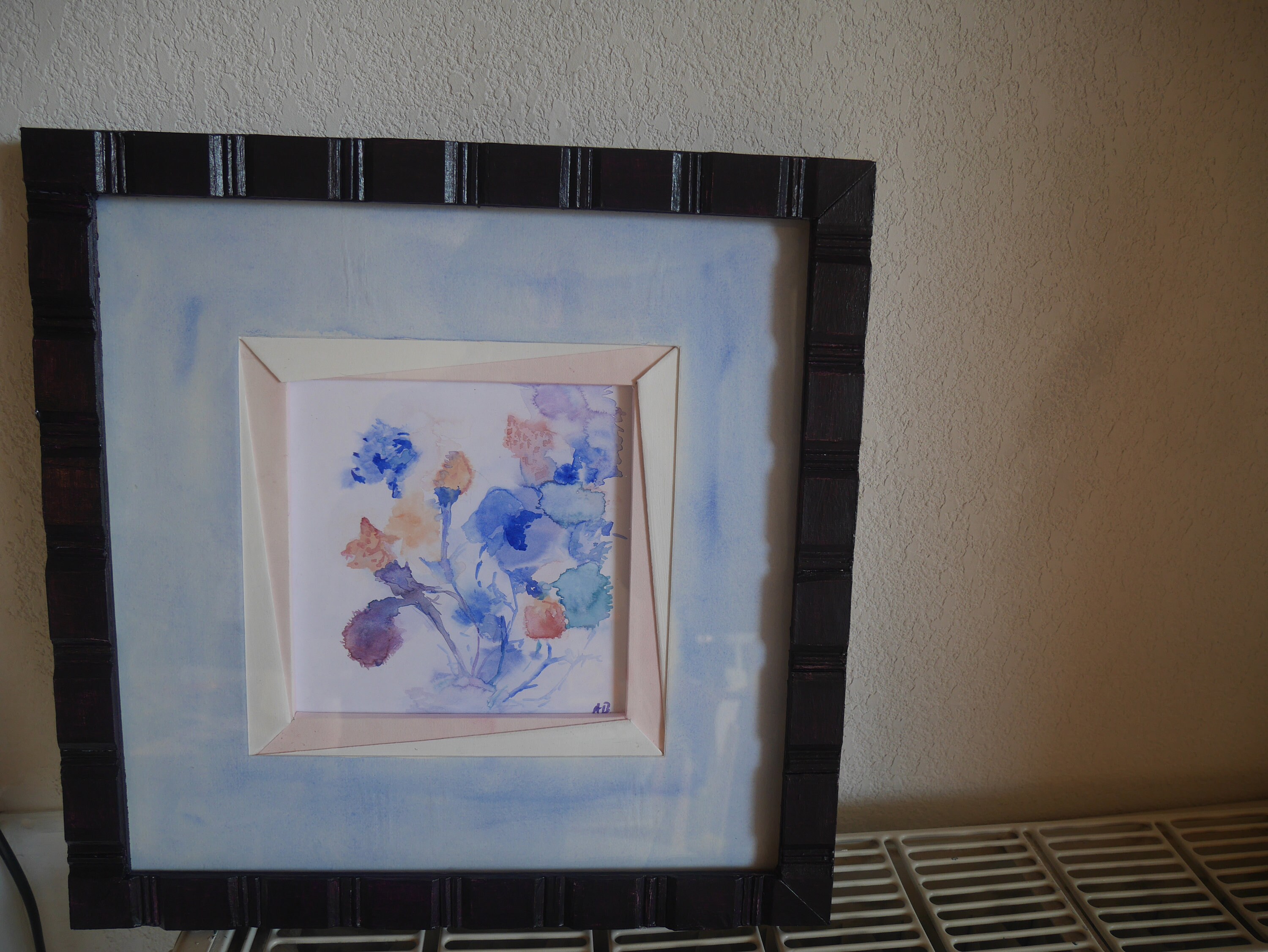 Tableau Aquarelle avec Encadrement Perroquet et Son Cadre Patiné Verni