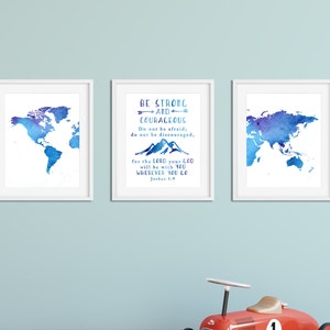 Be Strong and Courageous / Joshua 1:9 / Watercolor Map / Scripture Printable / Baby Shower Gift / Instant Download / First Birthday Gift