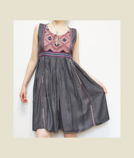 Vintage Print Dress, Russian Grey Pink Flare Skirt