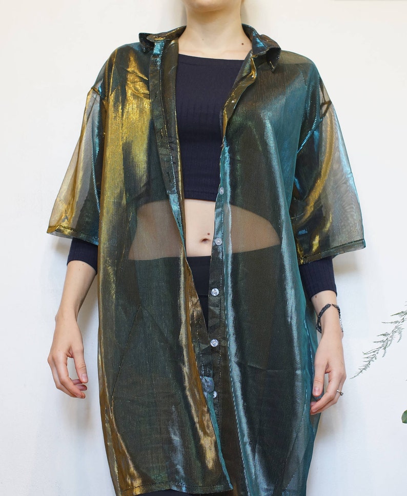 Duochrome Holographic Top Festival Tunic Bohemian Green Shirt Green Blue Women Sheer Blouse Transparent Mesh Half Sleeve Shirt