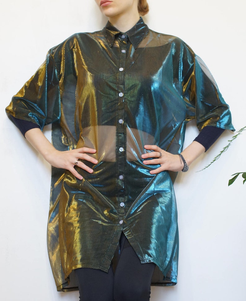 Duochrome Holographic Top Festival Tunic Bohemian Green Shirt Green Blue Women Sheer Blouse Transparent Mesh Half Sleeve Shirt